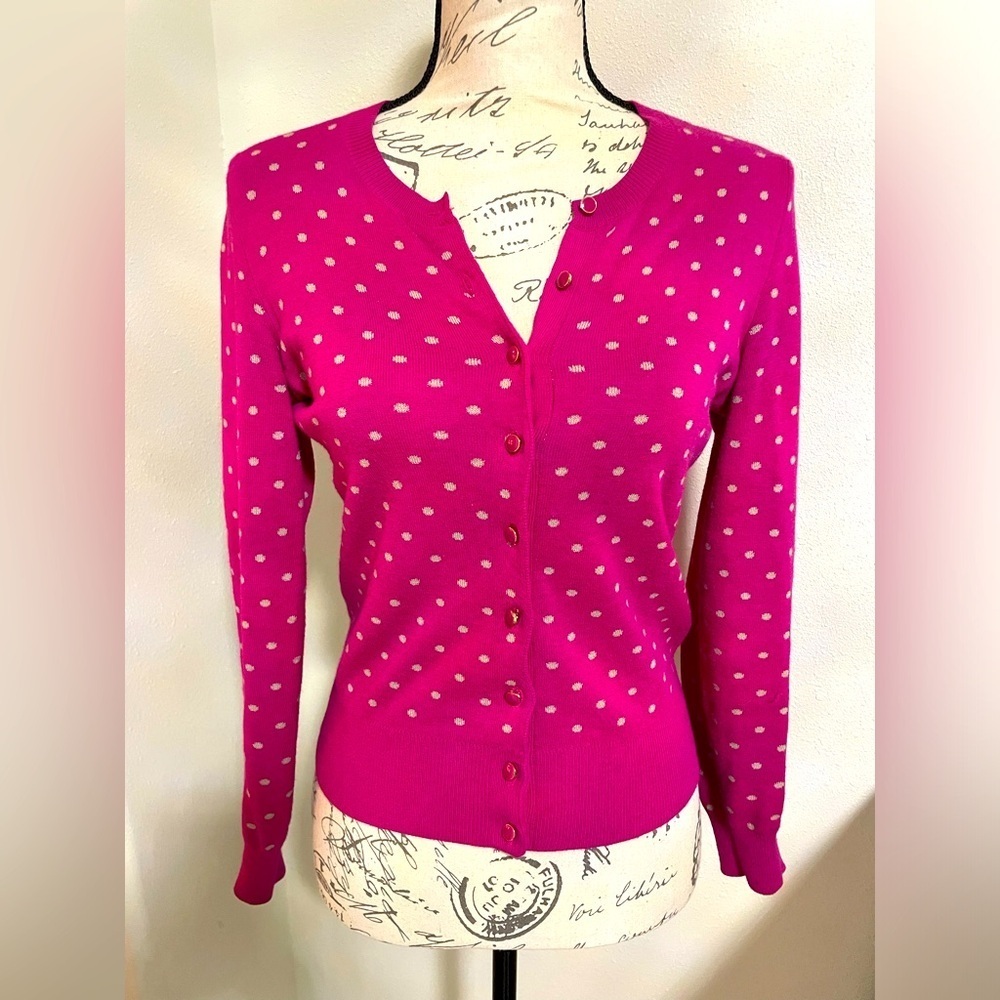 🍂 Women Banana Republic Pink Tan Polka Dot Cardigan Sweater Petite XS